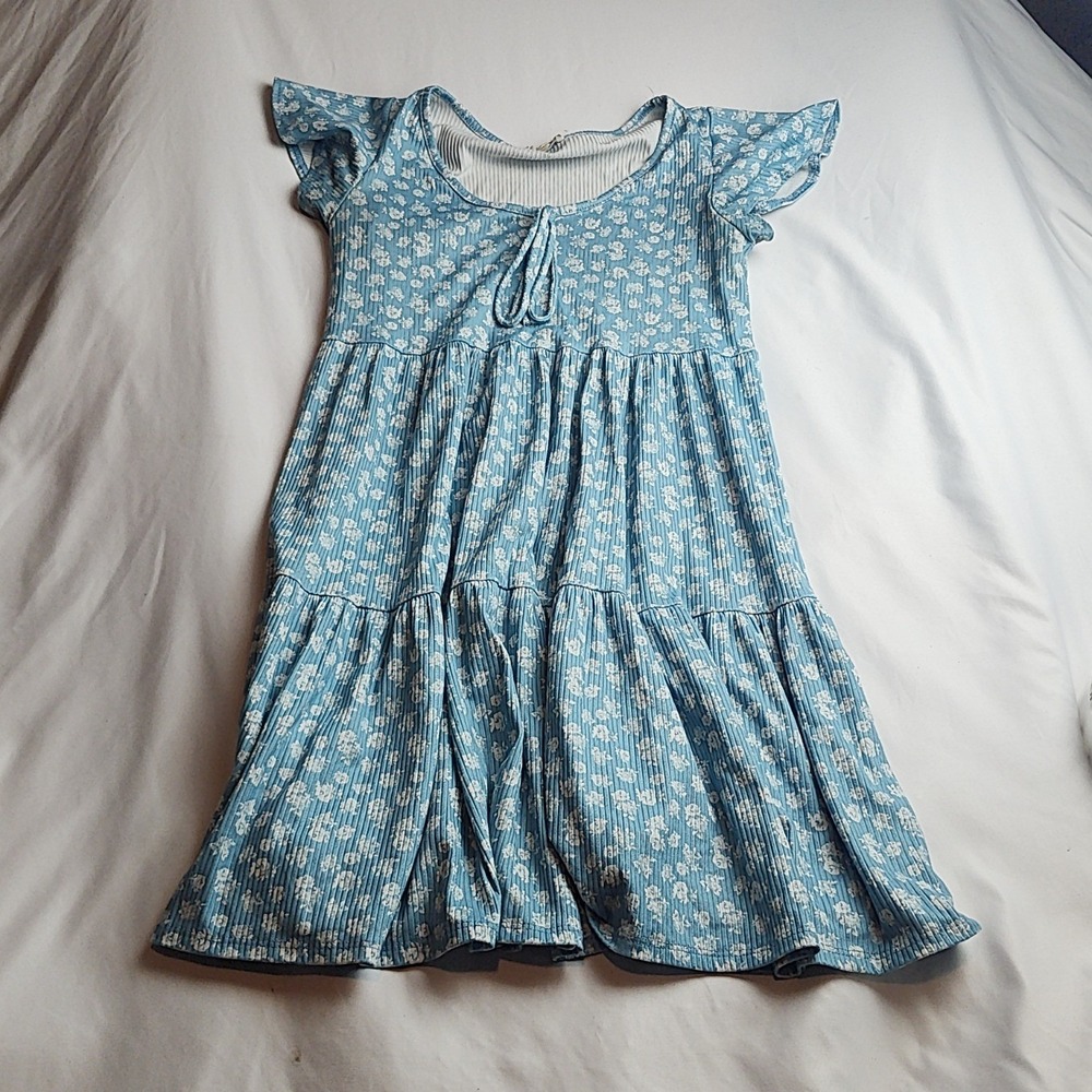 Free People Tiered Floral Mini Dress Blue White Women's Size Medium